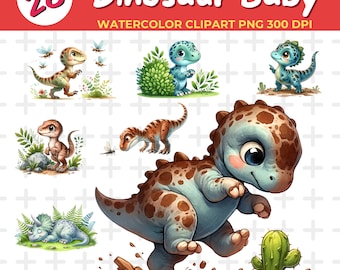 28 baby dinosaurus thema aquarel clipart | Schattige dinosaurussen clipart bundel | Dinosaurus PNG, babykamer decor | dinosaurus verjaardagsfeestje