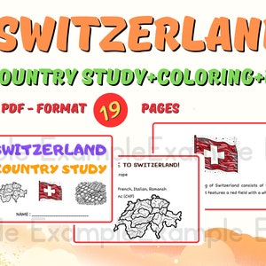 以下が含まれることがあります： スイスについて学ぶための印刷可能なPDFワークブック。表紙には、スイスの国旗のカラフルなイラストと「Switzerland Country Study + Coloring + Ex」というテキストが描かれています。ワークブックには、19ページの活動と塗り絵が含まれています。