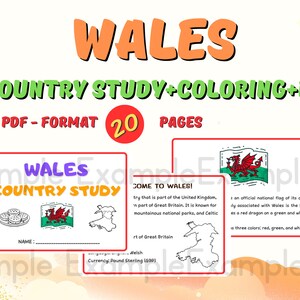 May include: A printable coloring book for kids about Wales. The cover features the text "WALES COUNTRY STUDY+COLORING+EX" in green, red, and yellow text. The cover also features the text "PDF-FORMAT 20 PAGES" in red and yellow text. The book includes a map of Wales, a Welsh flag, and a Welsh dragon.