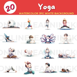 20 Yoga Aquarell JPG weißer Hintergrund 300 DPI | Kinder Yoga Kunst | Yoga Malerei Kinder | Kinder Yoga Dekor | Niedliche Yoga Drucke