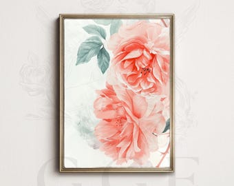 Coral Peony Wall Art Poster, Elegant Floral Botanical Print, Romantic Cottagecore Decor, Soft Blush Flower Wall Art