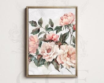 Vintage Floral Wall Art Poster, Soft Pink Rose Botanical Print, Romantic Cottagecore Bedroom Decor, Elegant Flower Art