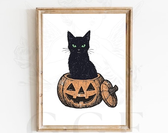 Black Cat Halloween Wall Art Poster, Cute Spooky Pumpkin Cat Print, Vintage Halloween Decor, Fall Cat Illustration