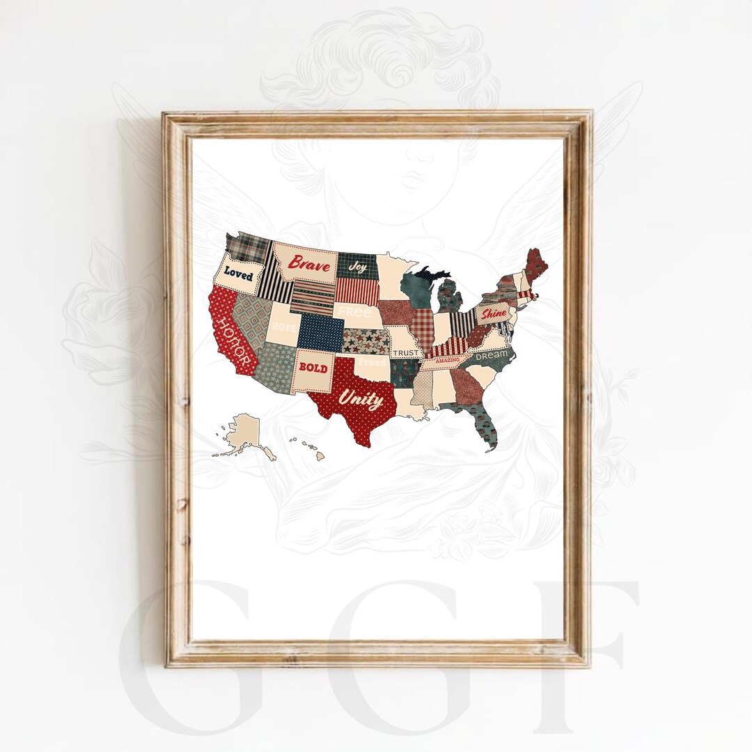 State Patchwork USA Patchwork Map Poster | Americana State Wall Art | Patriotic United ...