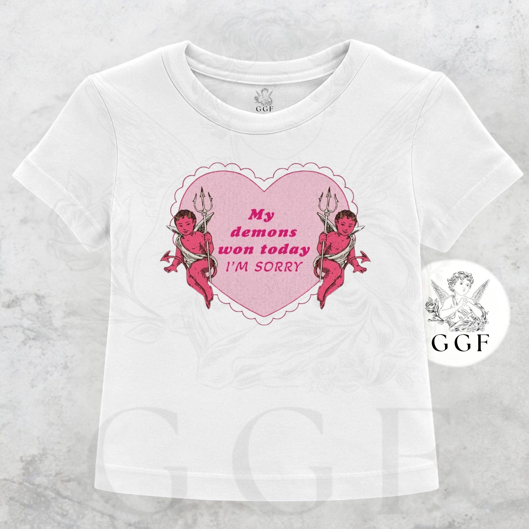 My Demons Won Today Baby Tee Pink Devil Cherub Crop Top Sad