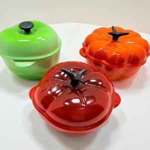 Le Creuset Mini Vegetable Cocotte Trio: Tomato, Green Apple, Pumpkin - Rare French Stoneware