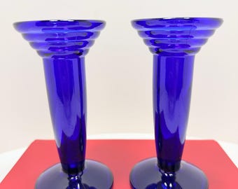 Vintage Cobalt Blue Glass Candlestick Holders: Art Deco Geometric Ribbed Design