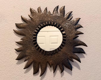 Vintage Celestial Sunburst Mirror, Pressed Tin Frame, Rustic Bronze Finish