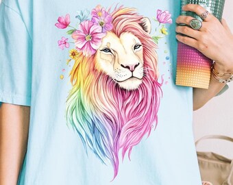 Colorful Lion Woman Tshirt, Womens Graphic Tee Shirt, Lion Lover Gift, Boho Lion Shirt, Animal Print Top, Pride Lion Tee, Colorful Wildlife