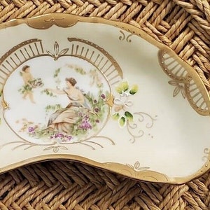 Vintage Victorian Cherub Lenwile Ardalt Cupid Crescent Moon Trinket Dish Gold Trim 7 1/4&quot; X 3.5&quot;