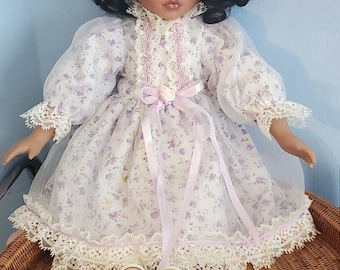 African American Porcelain Doll Dress Stockings Shoes Big Hair Bow Stand 15&quot;