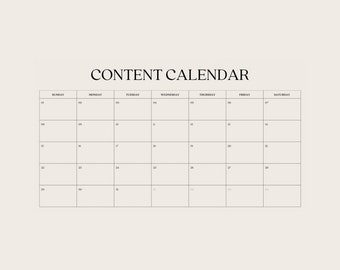 May include: A blank content calendar template with the text "CONTENT CALENDAR" at the top. The calendar is divided into seven columns for each day of the week, starting with Sunday and ending with Saturday. Each column has 29 rows for each day of the month.