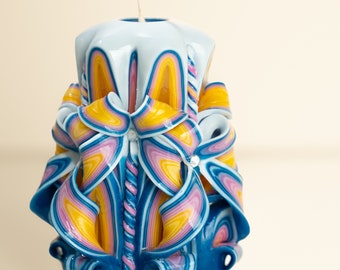 Handcrafted Carved Candle, Artisan Fancy and Decorative, Eco-Friendly, Ideal for Home Decor & Easter Gift, Blue Yellow, Small