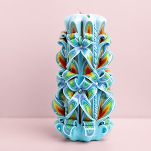 Handcrafted Carved Candle, Artisan Fancy Decorative, Holiday present for mom, Home Decor, Christmas candle Gift, Blue Red, Large
