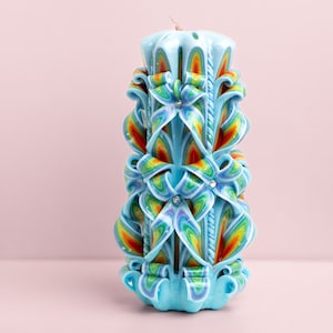 Handcrafted Carved Candle, Artisan Fancy and Decorative, Eco-Friendly, Ideal for Home Decor & Mother's Day Gift, Blue Red, Large