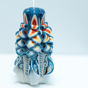Handcrafted Carved Candle, Artisan Fancy Decorative, Holiday present for mom, Home Decor, Christmas candle Gift, Blue White, Medium