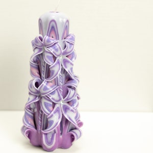 Handcrafted Carved Candle, Artisan Fancy Decorative, Holiday present for mom, Home Decor, Christmas candle Gift, Purple White, Large