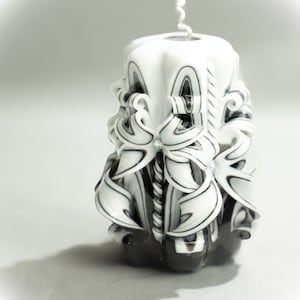 Handcrafted Carved Candle, Artisan Fancy Decorative, Holiday present for mom, Home Decor, Christmas candle Gift, Black White, Small