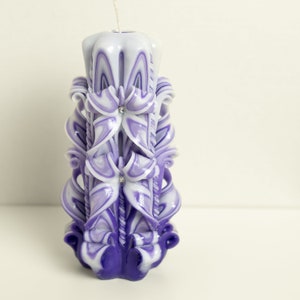 Handcrafted Carved Candle, Artisan Fancy Decorative, Holiday present for mom, Home Decor, Christmas candle Gift, Purple White, Large