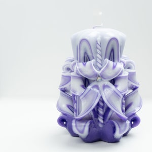 Handcrafted Carved Candle, Artisan Fancy Decorative, Holiday present for mom, Home Decor, Christmas candle Gift, Purple White, Small