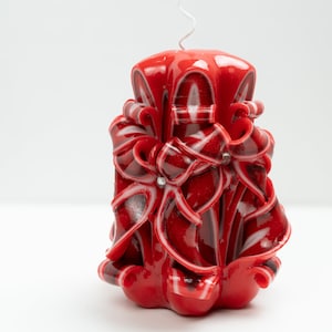 Handcrafted Carved Candle, Artisan Fancy Decorative, Holiday present for mom, Home Decor, Christmas candle Gift, Red, Small