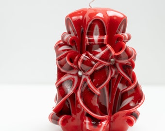 Handcrafted Carved Candle, Artisan Fancy and Decorative, Eco-Friendly, Ideal for Home Decor & Mother's Day Gift, Red, Small