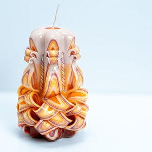 Handcrafted Carved Candle, Artisan Fancy Decorative, Holiday present for mom, Home Decor, Christmas candle Gift, Yellow White Medium