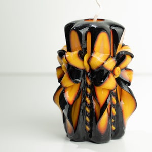 Handcrafted Carved Candle, Artisan Fancy Decorative, Holiday present for mom, Home Decor, Christmas candle Gift, Black Yellow, Small