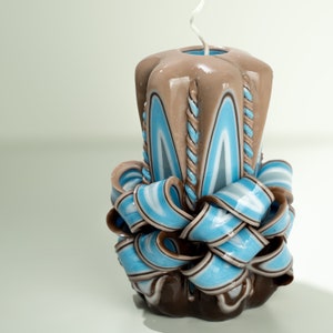 Handcrafted Carved Candle, Artisan Fancy Decorative, Holiday present for mom, Home Decor, Christmas candle Gift, Brown Blue, Small
