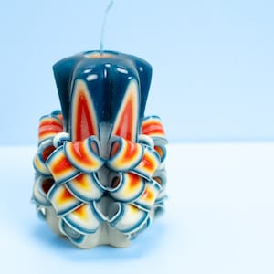 Handcrafted Carved Candle, Artisan Fancy Decorative, Holiday present for mom, Home Decor, Christmas candle Gift, Blue Red, Small