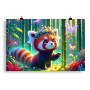 Verzaubertes rotes Panda-Poster – Kunstdruck mit magischer Waldszene, hochwertiges mattes Papier, ideal für Heim- und Bürodekoration