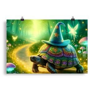 Verzauberte Schildkröte Zauberer Poster - Mystischer Wald und Märchen Wandkunst, hochwertiges mattes Finish