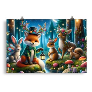 Cartel de animales del bosque encantado - Escena mágica caprichosa, impresión de arte mate de alta calidad, perfecto para la decoración del hogar