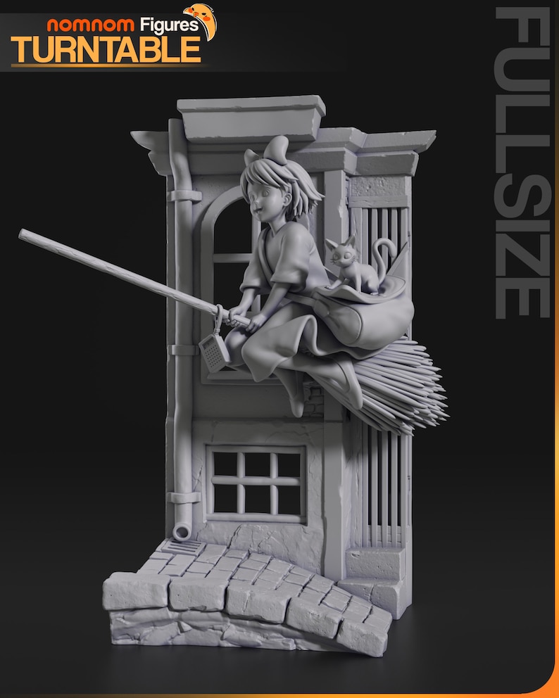 May include: A grey 3D printed figurine of a young woman with a cat riding a broomstick, flying out of a window of a building. The figurine is on a base with a cobbled street.