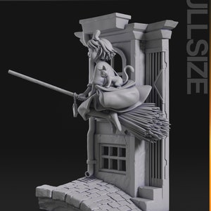 May include: A grey 3D printed figurine of a young girl riding a broomstick with a cat on her shoulder. The figurine is set against a backdrop of a building with a window and a brick walkway. The text "FULL SIZE" is visible in the upper right corner of the image.