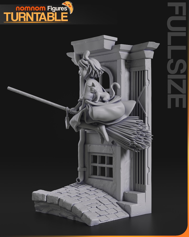 May include: A grey 3D printed figurine of a young girl riding a broomstick with a cat on her shoulder. The figurine is set against a backdrop of a building with a window and a brick walkway. The text "FULL SIZE" is visible in the upper right corner of the image.