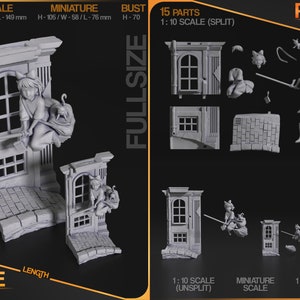 May include: A 3D printed model kit of a witch flying on a broomstick with a cat. The kit is available in three sizes: 1:10 scale, miniature scale, and bust scale. The 1:10 scale kit is 20 cm tall, 11.3 cm wide, and 14.9 cm long. The miniature scale kit is 10.5 cm tall, 5.8 cm wide, and 7.6 cm long. The bust scale kit is 7 cm tall. The kit comes with 15 parts and is made of grey plastic.