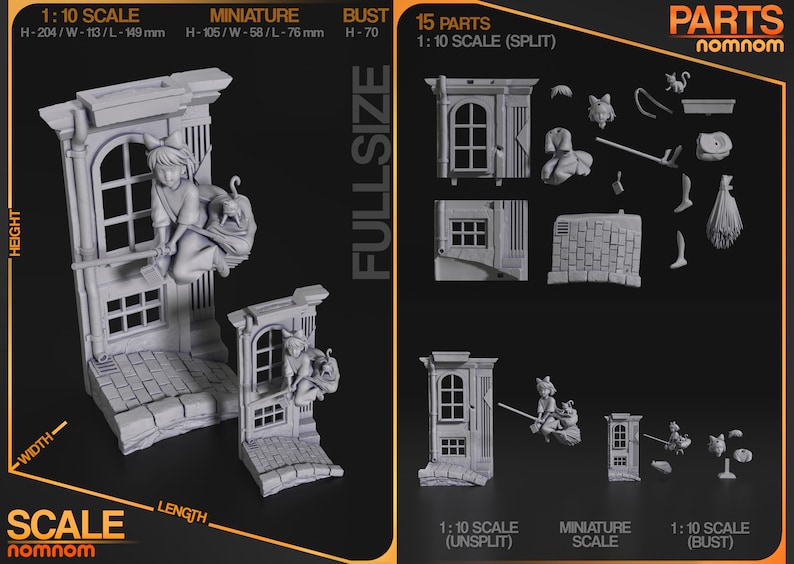 May include: A 3D printed model kit of a witch flying on a broomstick with a cat. The kit is available in three sizes: 1:10 scale, miniature scale, and bust scale. The 1:10 scale kit is 20 cm tall, 11.3 cm wide, and 14.9 cm long. The miniature scale kit is 10.5 cm tall, 5.8 cm wide, and 7.6 cm long. The bust scale kit is 7 cm tall. The kit comes with 15 parts and is made of grey plastic.