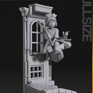 May include: A grey 3D printed figurine of a young girl with a red bow in her hair, riding a broomstick with a black cat on her shoulder. The figurine is posed in front of a grey 3D printed building with a window and a door. The figurine is part of a larger set of 3D printed figurines.