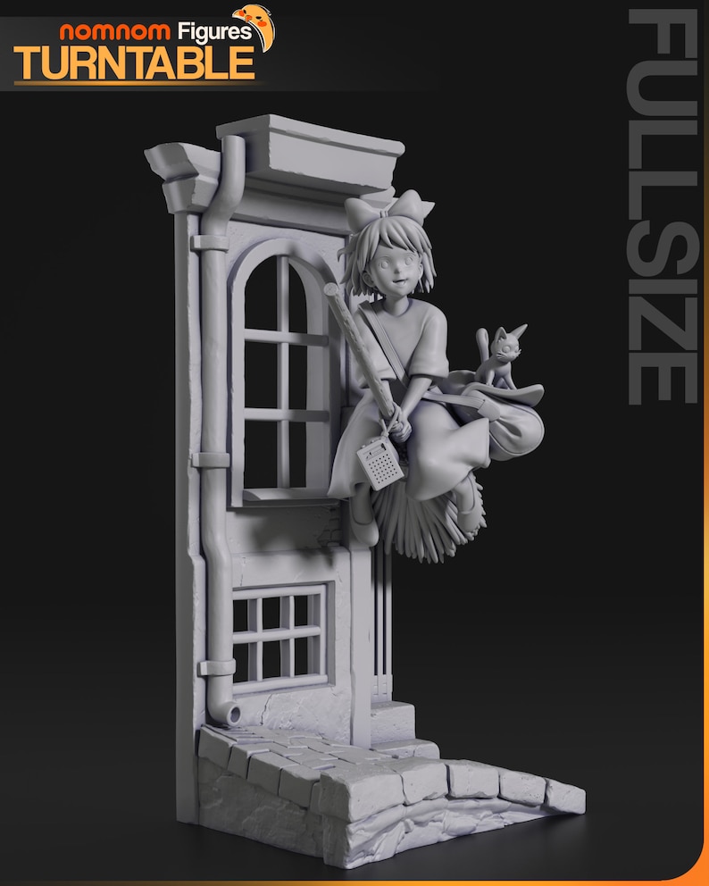 May include: A grey 3D printed figurine of a young girl with a red bow in her hair, riding a broomstick with a black cat on her shoulder. The figurine is posed in front of a grey 3D printed building with a window and a door. The figurine is part of a larger set of 3D printed figurines.