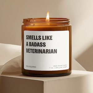 May include: A brown glass candle with a white label that reads "Smells Like A Badass Veterinarian". The candle is lit and has a white wick. The label also includes the text "HIGHS&LOWS" and "Hand Poured Candle 7 oz | 200 g net weight".