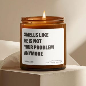May include: A lit, brown glass jar candle with a white label. The label reads "SMELLS LIKE HE IS NOT YOUR PROBLEM ANYMORE." The candle is hand-poured and weighs 200 g. The brand name "HIGHS&JOWS" is also visible.