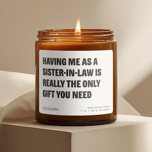 May include: A brown glass candle with a white label that reads "HAVING ME AS A SISTER-IN-LAW IS REALLY THE ONLY GIFT YOU NEED". The candle is lit and the label also includes the brand name "HIGHS&LOWS" and the text "Hand Poured Candle 7 oz | 200 g net weight".