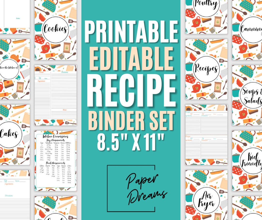 Colorful Kitchen Utensil Themed Printable Recipe Binder Set / Fillable ...