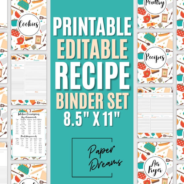 Colorful Kitchen Utensil Themed Printable Recipe Binder Set / Fillable Recipe Page Templates / Printable Cookbook Binder Template