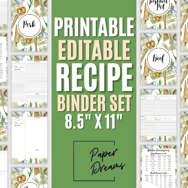 Green Kitchen Utensil-Themed Recipe Binder Set / Printable Recipe Binder Kit / Editable Recipe Page Templates / Printable DIY Recipe Binders