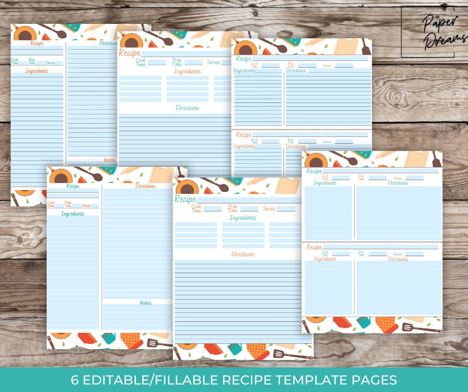 Colorful Kitchen Utensil Themed Printable Recipe Binder Set / Fillable ...