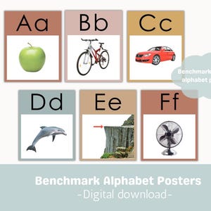 May include: Set of six alphabet posters with images representing each letter. Includes an apple, bicycle, red car, dolphin, cliff edge, and fan. The posters are in a variety of colors and feature the letters A through F. Text on the posters reads "Benchmark Alphabet Posters - Digital download-".