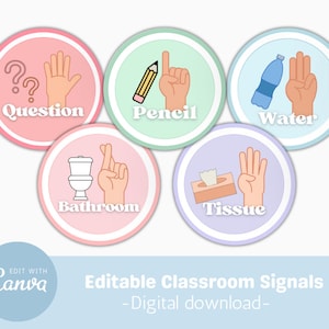 Classroom Hand Signals, Classroom Decor, Classroom posters, Editable, Classroom Management, Teacher Resources, Editable Canva Templates