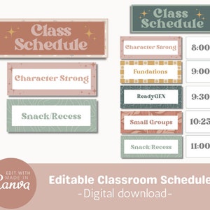 May include: Editable classroom schedule printable with a peach, green, and gold color scheme. The schedule includes times for Character Strong, Fundations, ReadyGEN, Small Groups, and Snack/Recess.